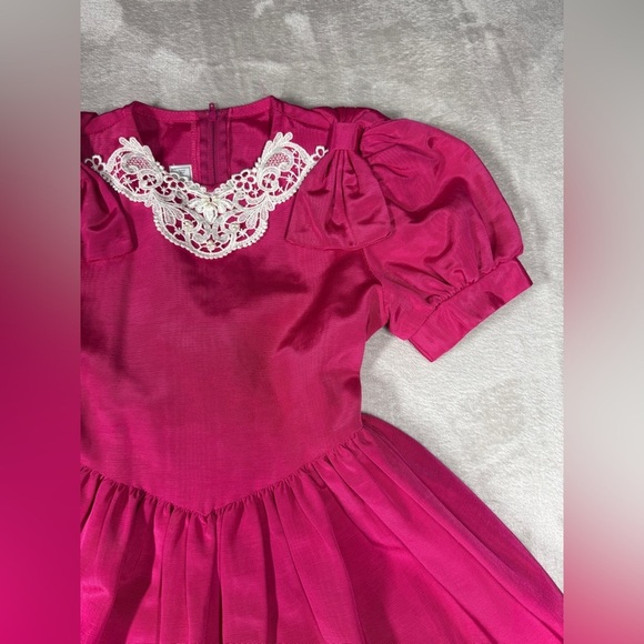 Vintage Jessica McClintock Girls Fuchsia Pink Puff Sleeve Lace Beaded Dress 6X - Picture 5 of 15